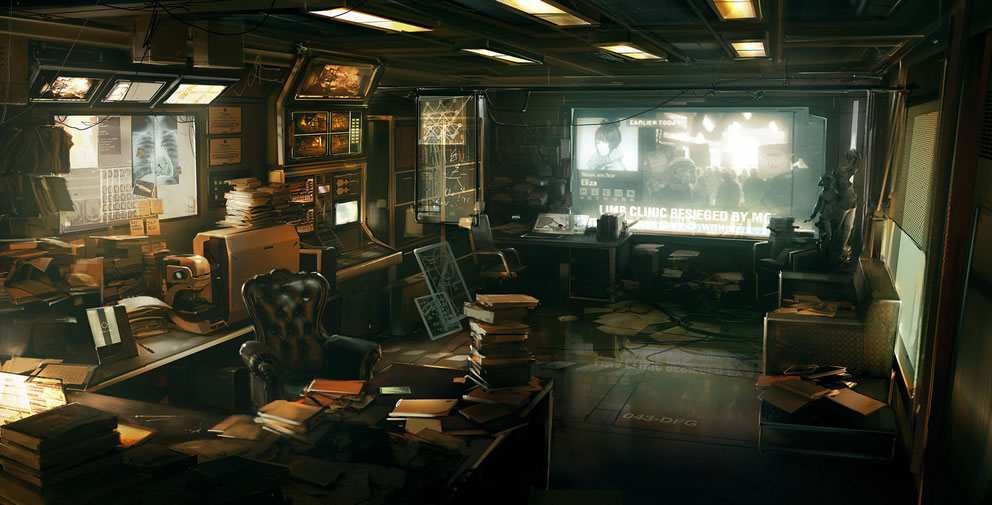 A cluttered office in the upcoming Deus Ex: Human Revolution
