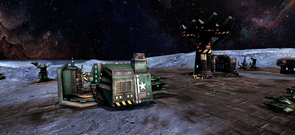 A recycler rests at its base in Battlezone 98 Redux.